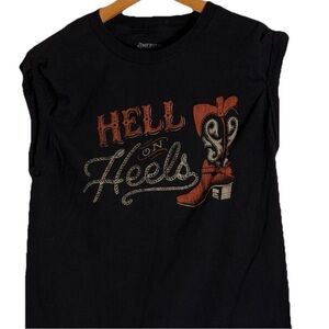 Hell On Heels Muscle T Rolled-Sleeve Black Orange Women’s Sz S Country Boot Rope